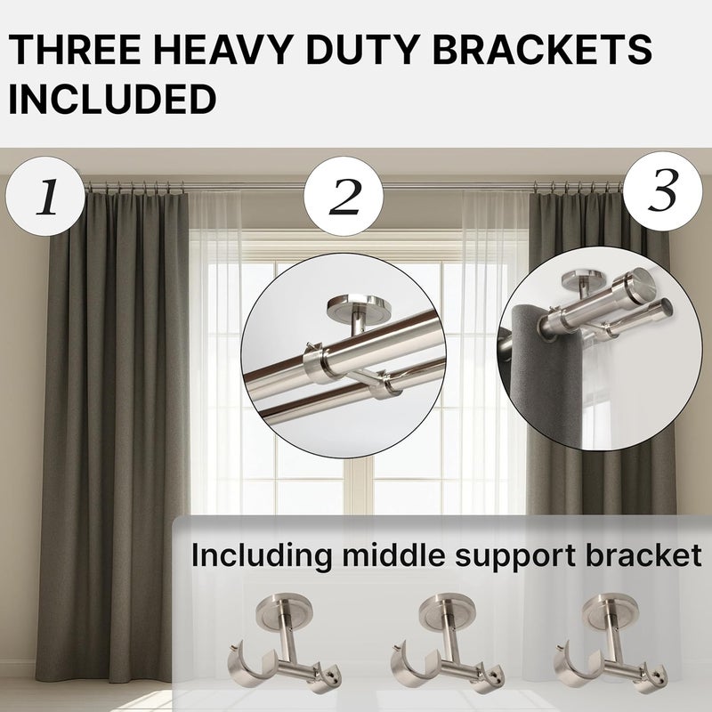A Key Tech Ceiling Mounted Double Curtain Rod, Heavy Duty Brushed Nickel Double Curtain Rod, Drapery Holder with Three Ceiling Mount Brackets and Installation Hardware Included (Brushed Nickel, 48-84") - Image 4